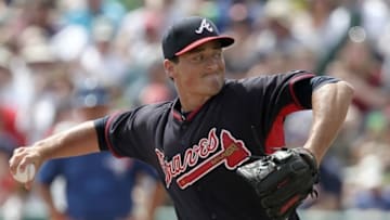 Mar 15, 2015; Lake Buena Vista, FL, USA; Atlanta Braves catcher Tanner Murphy (80) throws a pitch during a spring training baseball game at Champion Stadium. The Toronto Blue Jays beat the Atlanta Braves 10-5. Mandatory Credit: Reinhold Matay-USA TODAY Sports