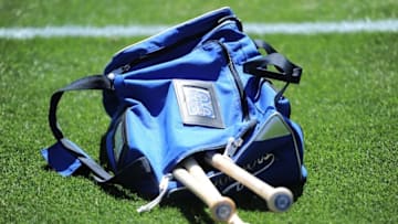 Mar 25, 2015; Phoenix, AZ, USA; The bat bag of Los Angeles Dodgers right fielder Yasiel Puig (not pictured) sits on the field before the game against the San Diego Padres at Camelback Ranch. Mandatory Credit: Joe Camporeale-USA TODAY Sports