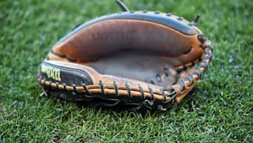 Sep 3, 2015; Kansas City, MO, USA; A general view of a catchers mitt prior to a game between the Detroit Tigers and the Kansas City Royals at Kauffman Stadium. Mandatory Credit: Peter G. Aiken-USA TODAY Sports