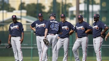 Feb 29, 2016; Lake Buena Vista, FL, USA; Atlanta Braves pitchers listen to coach Atlanta Braves pitching coach Roger McDowell (45) during spring training workouts at ESPN