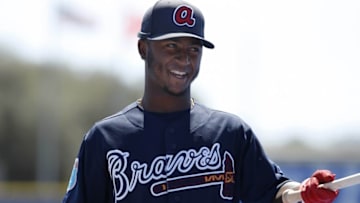 Mar 7, 2016; Dunedin, FL, USA; Atlanta Braves shortstop Ozzie Albies (87) smiles as he works out prior to the game against the Toronto Blue Jays at Florida Auto Exchange Park. Mandatory Credit: Kim Klement-USA TODAY Sports