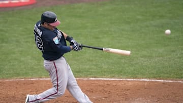Mar 19, 2016; Tampa, FL, USA; Atlanta Braves infielder Sean Kazmar (92) singles against the New York Yankees during the ninth inning at George M. Steinbrenner Field. The Yankees defeated the Braves 3-2. Mandatory Credit: Jerome Miron-USA TODAY Sports
