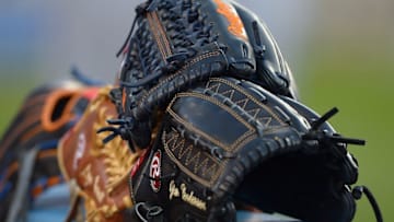 May 10, 2016; Los Angeles, CA, USA; Major league baseball gloves rest on the railing before the game between the Los Angeles Dodgers and the New York Mets at Dodger Stadium. Mandatory Credit: Jayne Kamin-Oncea-USA TODAY Sports