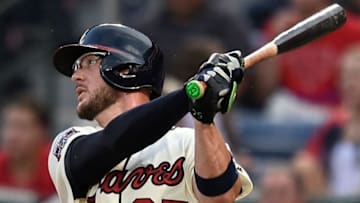 Aug 20, 2016; Atlanta, GA, USA; Atlanta Braves catcher Tyler Flowers (25) doubles against the Washington Nationals during the second inning at Turner Field. Mandatory Credit: Dale Zanine-USA TODAY Sports