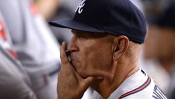 Aug 25, 2016; Phoenix, AZ, USA; Atlanta Braves interim manager Brian Snitker (43) looks on during the first ining against the Arizona Diamondbacks at Chase Field. Mandatory Credit: Joe Camporeale-USA TODAY Sports