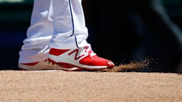 Aug 20, 2016; Cleveland, OH, USA; Cleveland Indians starting pitcher Corey Kluber (28) kicks dirt on the mound in the first inning against the Toronto Blue Jays at Progressive Field. Mandatory Credit: Rick Osentoski-USA TODAY Sports