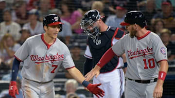 Sep 16, 2016; Atlanta, GA, USA; Washington Nationals center fielder Trea Turner (7) reacts with shortstop Stephen Drew (10) after hitting a home run against the Atlanta Braves during the second inning at Turner Field. Mandatory Credit: Dale Zanine-USA TODAY Sports