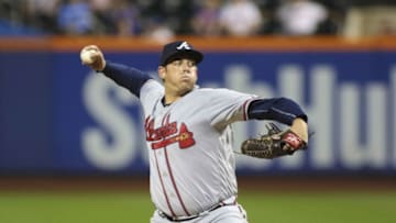 Sep 19, 2016; New York City, NY, USA; Atlanta Braves pitcher Aaron Blair (36) New York Mets pitches in the first inning against the New York Mets at Citi Field. Mandatory Credit: Wendell Cruz-USA TODAY Sports