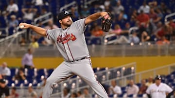Sep 22, 2016; Miami, FL, USA; Atlanta Braves relief pitcher Casey Kelly (55) delivers a pitch in the game against the Miami Marlins at Marlins Park. Mandatory Credit: Jasen Vinlove-USA TODAY Sports