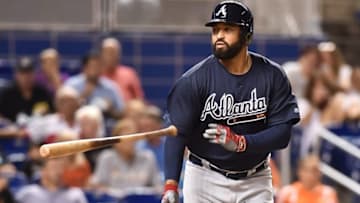 Sep 23, 2016; Miami, FL, USA; Atlanta Braves left fielder Matt Kemp (27) tosses his bat after drawing a walk during the second inning against the Miami Marlins at Marlins Park. Mandatory Credit: Steve Mitchell-USA TODAY Sports