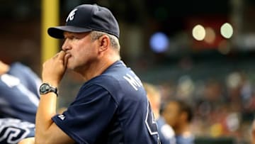 Jun 2, 2015; Phoenix, AZ, USA; Atlanta Braves pitching coach Roger McDowell against the Arizona Diamondbacks at Chase Field. Mandatory Credit: Mark J. Rebilas-USA TODAY Sports