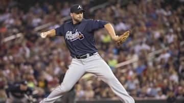 Jul 26, 2016; Minneapolis, MN, USA; Atlanta Braves relief pitcher Jim Johnson (53) delivers a pitch in the ninth inning against the Minnesota Twins at Target Field. The Braves won 2-0. Mandatory Credit: Jesse Johnson-USA TODAY Sports