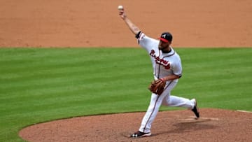 Sep 1, 2016; Atlanta, GA, USA; Atlanta Braves relief pitcher Jim Johnson (53) delivers a pitch against the San Diego Padres in the ninth inning of their game Turner Field. The Braves won 9-6. Mandatory Credit: Jason Getz-USA TODAY Sports