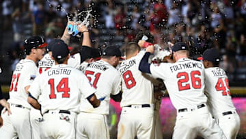 Sep 10, 2016; Atlanta, GA, USA; Atlanta Braves celebrate their walk-off win over the New York Mets during the tenth inning at Turner Field. Braves won 4-3. Mandatory Credit: Shanna Lockwood-USA TODAY Sports