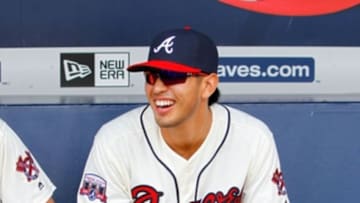 Sep 17, 2016; Atlanta, GA, USA; Atlanta Braves infielder Rio Ruiz (32) in the dugout before a game against the Washington Nationals at Turner Field. Mandatory Credit: Brett Davis-USA TODAY Sports