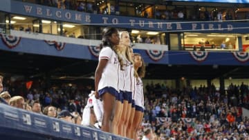 Sep 30, 2016; Atlanta, GA, USA; Atlanta Braves Tomahawk Team members stand during the seventh inning stretch against the Detroit Tigers at Turner Field. Mandatory Credit: Brett Davis-USA TODAY Sports
