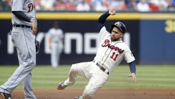 Oct 2, 2016; Atlanta, GA, USA; Atlanta Braves center fielder Ender Inciarte (11) slides safely into third against the Detroit Tigers in the first inning at Turner Field. Mandatory Credit: Brett Davis-USA TODAY Sports