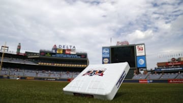Oct 2, 2016; Atlanta, GA, USA; General view of a Turner Field logo on first base before a game between the Atlanta Braves and Detroit Tigers at Turner Field. Mandatory Credit: Brett Davis-USA TODAY Sports