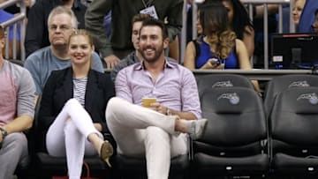 Mar 25, 2015; Orlando, FL, USA; American model Kate Upton and Detroit Tigers pitcher Justin Verlander watch the game during the second half between the Orlando Magic and Atlanta Hawks at Amway Center. Atlanta Hawks defeated the Orlando Magic 95-83. Mandatory Credit: Kim Klement-USA TODAY Sports
