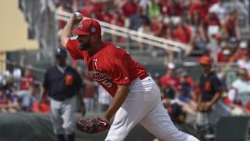 Mar 18, 2016; Jupiter, FL, USA; St. Louis Cardinals relief pitcher Jordan Walden (53) delivers a pitch against the Detroit Tigers during the game at Roger Dean Stadium. The Tigers defeated the Cardinals 2-0. Mandatory Credit: Scott Rovak-USA TODAY Sports