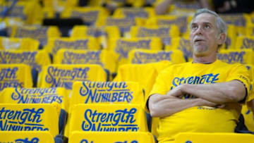 Apr 27, 2016; Oakland, CA, USA; A Golden State Warriors fan wears a strength in numbers shirt before game five against the Houston Rockets of the first round of the NBA Playoffs at Oracle Arena. Mandatory Credit: Kelley L Cox-USA TODAY Sports