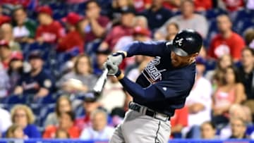 Sep 3, 2016; Philadelphia, PA, USA; Atlanta Braves first baseman Freddie Freeman (5) singles during the tenth inning against the Philadelphia Phillies at Citizens Bank Park. The Braves defeated the Phillies, 6-4 in 10 innings. Mandatory Credit: Eric Hartline-USA TODAY Sports