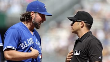 Sep 5, 2016; Bronx, NY, USA; Toronto Blue Jays pitcher R.A. Dickey (43) argues a balk call during a game against the New York Yankees at Yankee Stadium. Mandatory Credit: Wendell Cruz-USA TODAY Sports