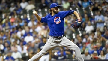 Sep 6, 2016; Milwaukee, WI, USA; Chicago Cubs pitcher Jason Hammel (39) throws a pitch in the first inning against the Milwaukee Brewers at Miller Park. Mandatory Credit: Benny Sieu-USA TODAY Sports