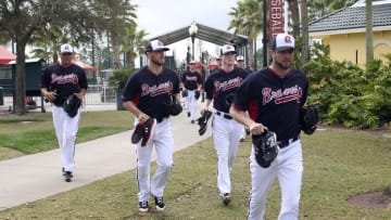 Feb 23, 2015; Lake Buena Vista, FL, USA; Atlanta Brave pitchers report to the field during spring training workouts at Champion Stadium. Mandatory Credit: Reinhold Matay-USA TODAY Sports