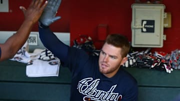 Jun 2, 2015; Phoenix, AZ, USA; Atlanta Braves first baseman Freddie Freeman against the Arizona Diamondbacks at Chase Field. Mandatory Credit: Mark J. Rebilas-USA TODAY Sports