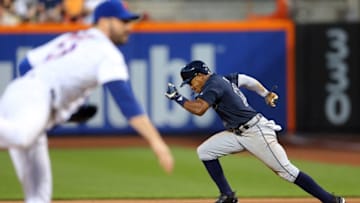 Jun 17, 2016; New York City, NY, USA; Atlanta Braves left fielder Mallex Smith (17) attempts to steal second base against New York Mets starting pitcher Matt Harvey (33) during the fifth inning at Citi Field. Mandatory Credit: Brad Penner-USA TODAY Sports
