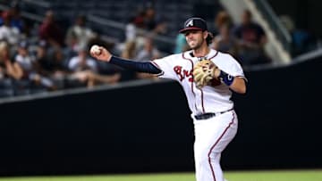 Aug 31, 2016; Atlanta, GA, USA; Atlanta Braves shortstop Dansby Swanson (2) throws to first base for an out in the eighth inning of their game against the San Diego Padres at Turner Field. The Braves won 8-1. Mandatory Credit: Jason Getz-USA TODAY Sports