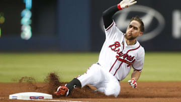 Sep 12, 2016; Atlanta, GA, USA; Atlanta Braves center fielder Ender Inciarte (11) slides into third on a triple against the Miami Marlins in the first inning at Turner Field. Mandatory Credit: Brett Davis-USA TODAY Sports
