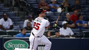 Sep 27, 2016; Atlanta, GA, USA; Atlanta Braves catcher Tyler Flowers (25) hits a three-run home run in the sixth inning against the Philadelphia Phillies at Turner Field. Mandatory Credit: Jason Getz-USA TODAY Sports