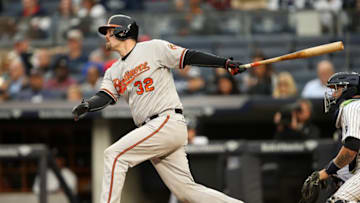 Oct 2, 2016; Bronx, NY, USA; Baltimore Orioles catcher Matt Wieters (32) bats in the ninth inning against the New York Yankees at Yankee Stadium. Mandatory Credit: Danny Wild-USA TODAY Sports