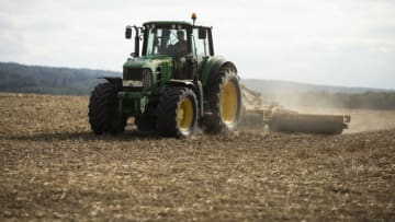CUDHAM, ENGLAND - AUGUST 15: A tractor works in a field on August 15, 2018 in Cudham, England. The National Farmers' Union has warned that Britain would 'run out of food' next year if it cannot continue to easily import from the European Union after Brexit negotiations have ended and in the event of a 'no-deal Brexit'. (Photo by Dan Kitwood/Getty Images)