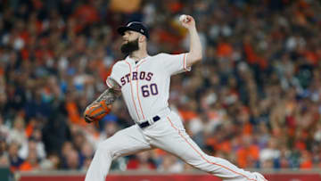 HOUSTON, TX - OCTOBER 16: Dallas Keuchel #60 of the Houston Astros pitches in the first inning against the Boston Red Sox during Game Three of the American League Championship Series at Minute Maid Park on October 16, 2018 in Houston, Texas. (Photo by Bob Levey/Getty Images)