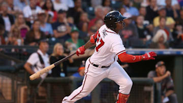 SURPRISE, AZ - NOVEMBER 03: AFL West All-Star, Cristian Pache #27 of the Atlanta Braves bats during the Arizona Fall League All Star Game at Surprise Stadium on November 3, 2018 in Surprise, Arizona. (Photo by Christian Petersen/Getty Images)