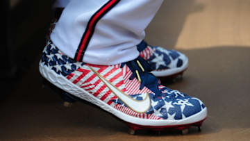 ATLANTA, GA - JULY 6: Matt Joyce #14 of the Atlanta Braves wears patriotic cleats during the game against the Miami Marlins at SunTrust Park on July 6, 2019 in Atlanta, Georgia. (Photo by Scott Cunningham/Getty Images)