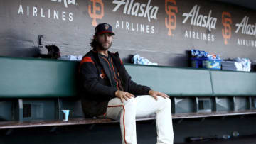 SAN FRANCISCO, CALIFORNIA - JULY 06: Starting pitcher Madison Bumgarner #40 of the San Francisco Giants sits in the dugout before their game against the St. Louis Cardinals at Oracle Park on July 06, 2019 in San Francisco, California. (Photo by Ezra Shaw/Getty Images)