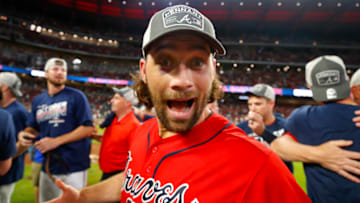ATLANTA, GA - SEP 20: Charlie Culberson of the Atlanta Braves reacts at the conclusion of an MLB game against the San Francisco Giants in which they clinched the NL East at SunTrust Park on September 20, 2019 in Atlanta, Georgia. (Photo by Todd Kirkland/Getty Images)