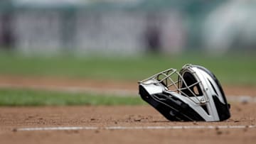 WASHINGTON, DC - JULY 28: The mask of catcher Brett Hayes #9 of the Florida Marlins (not pictured) is shown between plays against the Washington Nationals at Nationals Park on July 28, 2011 in Washington, DC. (Photo by Rob Carr/Getty Images)
