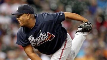 HOUSTON - APRIL 09: Livan Hernandez #61 of the Atlanta Braves throws against the Houston Astros at Minute Maid Park on April 9, 2012 in Houston, Texas. (Photo by Bob Levey/Getty Images)