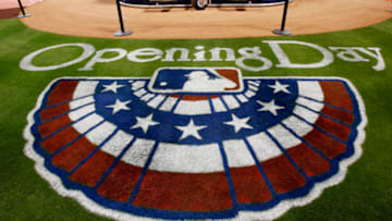 HOUSTON, TX - MARCH 31: The Opening day logo is seen on the field at Minute Maid Park before the Texas Rangers play the Houston Astros on March 31, 2013 in Houston, Texas. (Photo by Bob Levey/Getty Images)