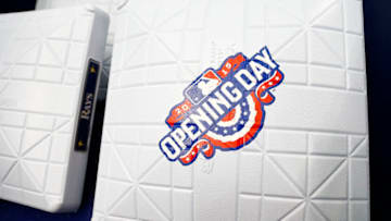 ST. PETERSBURG, FL - APRIL 6: An Opening Day logo adorns a base before the start of an Opening Day game between the Tampa Bay Rays and the Baltimore Orioles at Tropicana Field on April 6, 2015 in St. Petersburg, Florida. (Photo by Brian Blanco/Getty Images)