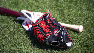LAKE BUENA VISTA, FL - MARCH 03: The glove, batting gloves, and bat of Matt Lipka #86 of the Atlanta Braves it on the field before the game against the New York Mets on March, 3 2014 in Lake Buena Vista, Florida. (Photo by Rob Foldy/Getty Images)