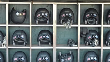 OMAHA, NE - JUNE 22: A general view of Vanderbilt batting helmets at TD Ameritrade Park before game one of the College World Series Championship Series between the Vanderbilt Commodores and the Virginia Cavaliers on June 22, 2015 at in Omaha, Nebraska. (Photo by Peter Aiken/Getty Images)