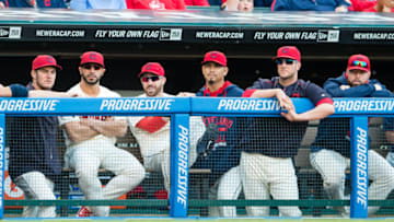 CLEVELAND, OH - OCTOBER 4: Trevor Bauer #47, Mike Aviles #4, Jason Kipnis #22, Carlos Carrasco #59, Yan Gomes #10, Corey Kluber #28 of the Cleveland Indians watch from the dugout during the eighth inning against the Boston Red Sox at Progressive Field on October 4, 2015 in Cleveland, Ohio. (Photo by Jason Miller/Getty Images)