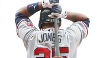 Andruw Jones #25 of the Atlanta Braves waits to bat against the San Francisco Giants on April 9, 2006. (Photo by Jed Jacobsohn/Getty Images)