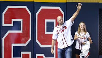 ATLANTA, GA - JULY 29: Former Atlanta Braves pitcher John Smoltz unveils the #29 sign on the Games Remaining at Turner Field Countdown sign during the game between the Atlanta Braves and the Philadelphia Phillies in the fifth inning during the game on July 29, 2016 in Atlanta, Georgia. (Photo by Mike Zarrilli/Getty Images)